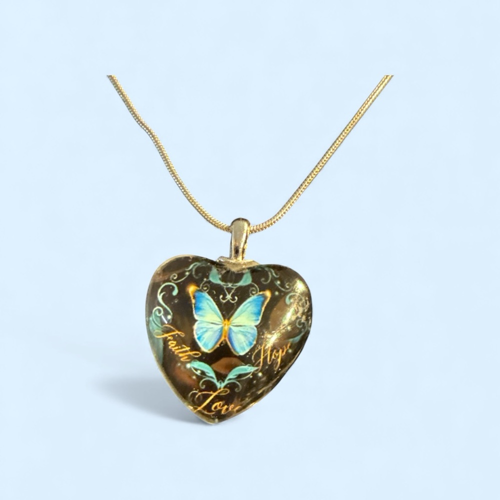 Gold Heart Pendant Necklace with Blue Butterfly